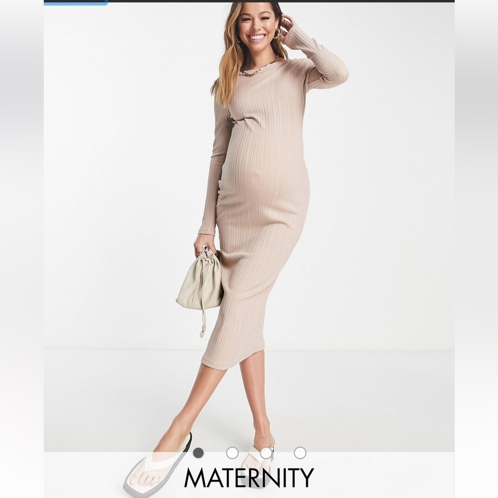 River Island Maternity scoop back ribbed midi dress in pink/tan size 16